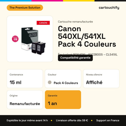 Canon 540XL/541XL Cartouche Pack Noir + Couleur remanufacturé avec niveau d'encre équivalent à 540XL, 5222B005, 541XL : caractéristiques