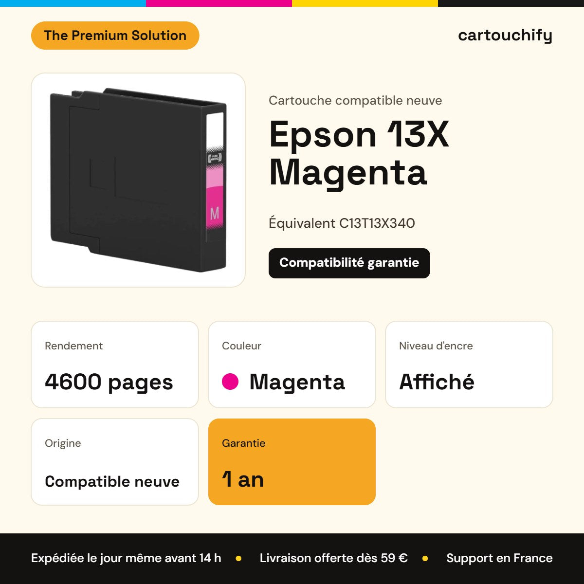 Epson 13X Cartouche Magenta compatible équivalent à C13T13X340, T13X3 : caractéristiques
