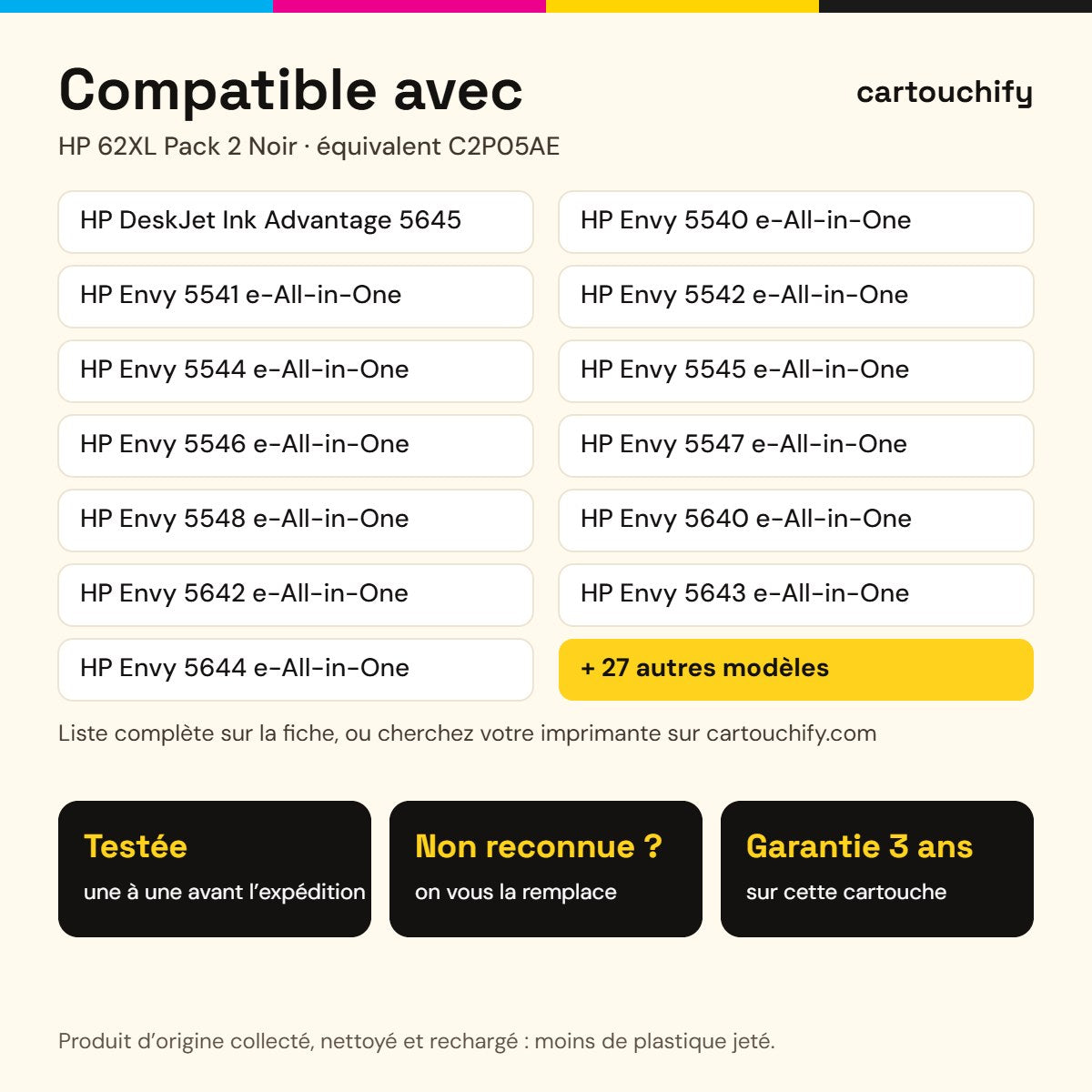Imprimantes compatibles avec la cartouche HP 62XL Pack 2 Noir