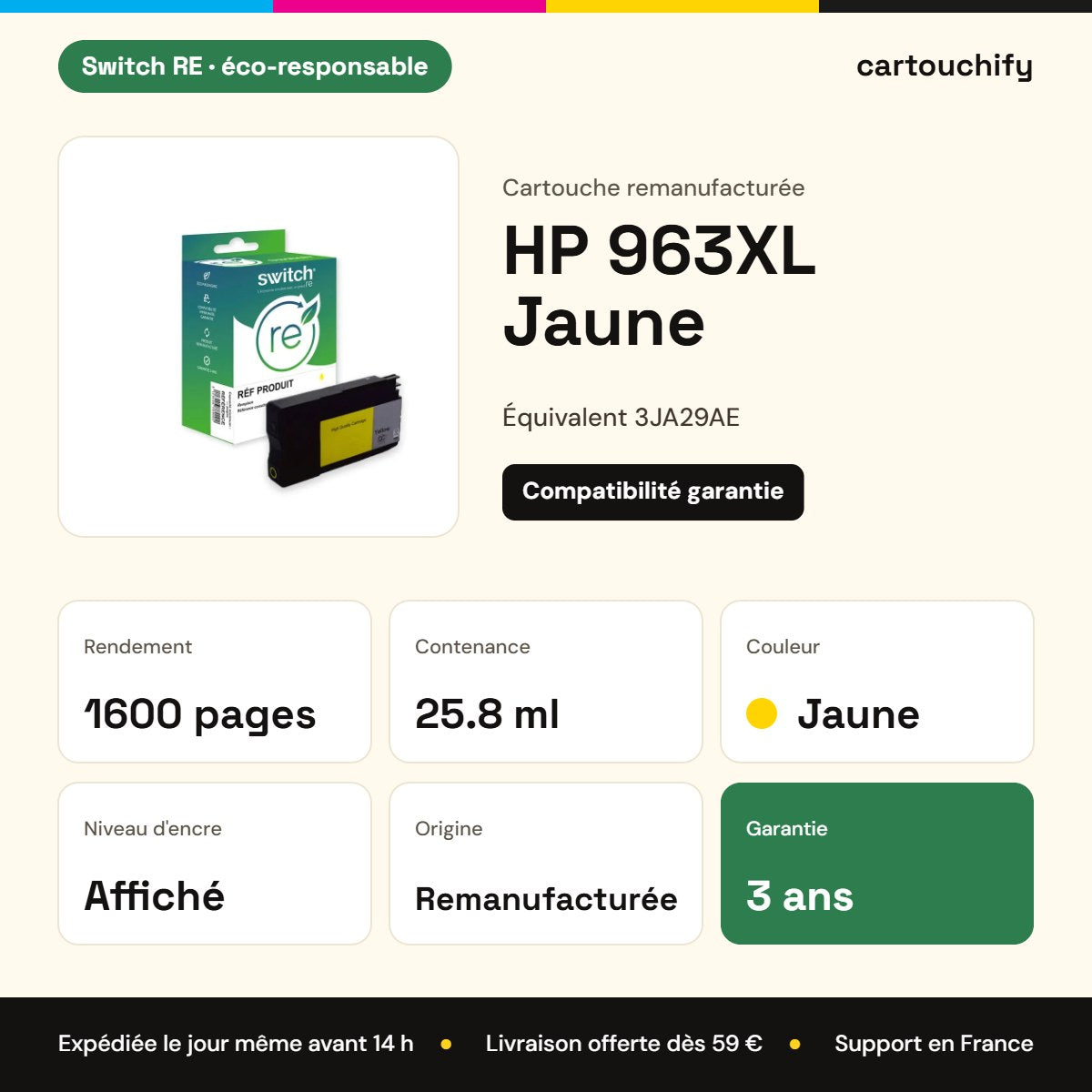 HP 963XL Cartouche Jaune remanufacturé équivalent à 3JA29AE · Switch RE : caractéristiques