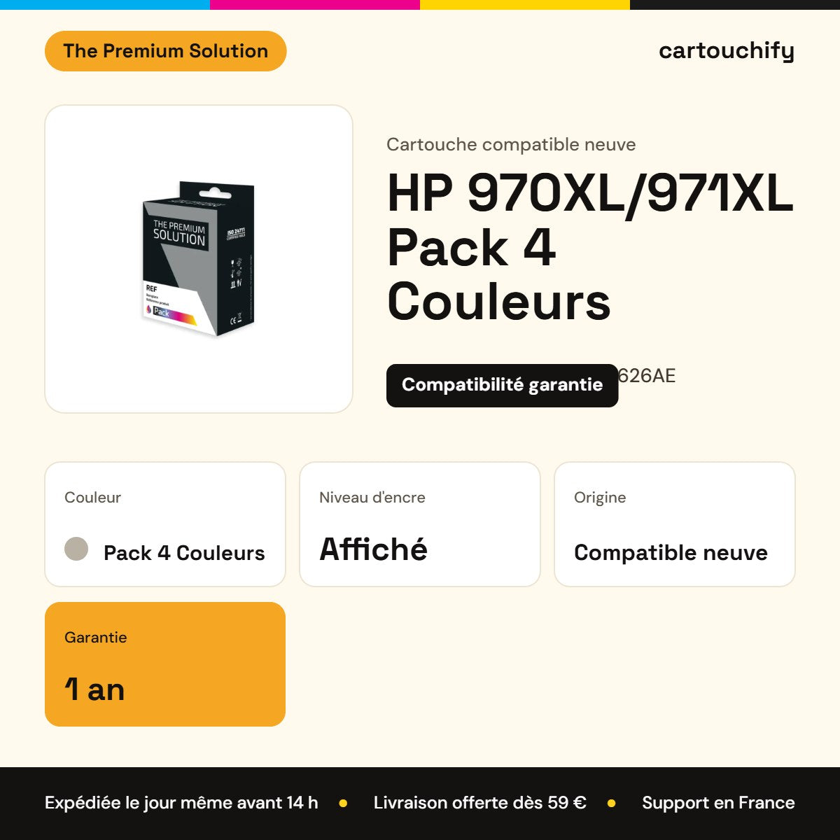 HP 970XL/971XL Cartouche Pack 4 Couleurs compatible équivalent à CN625AE, CN626AE, CN627AE : caractéristiques