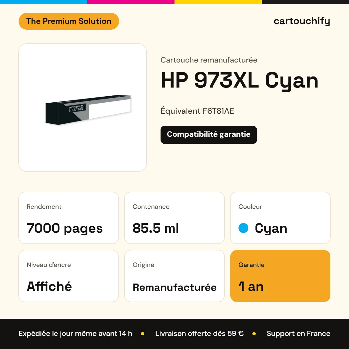 HP 973XL Cartouche Cyan compatible équivalent à F6T81AE remanufacturé AF : caractéristiques