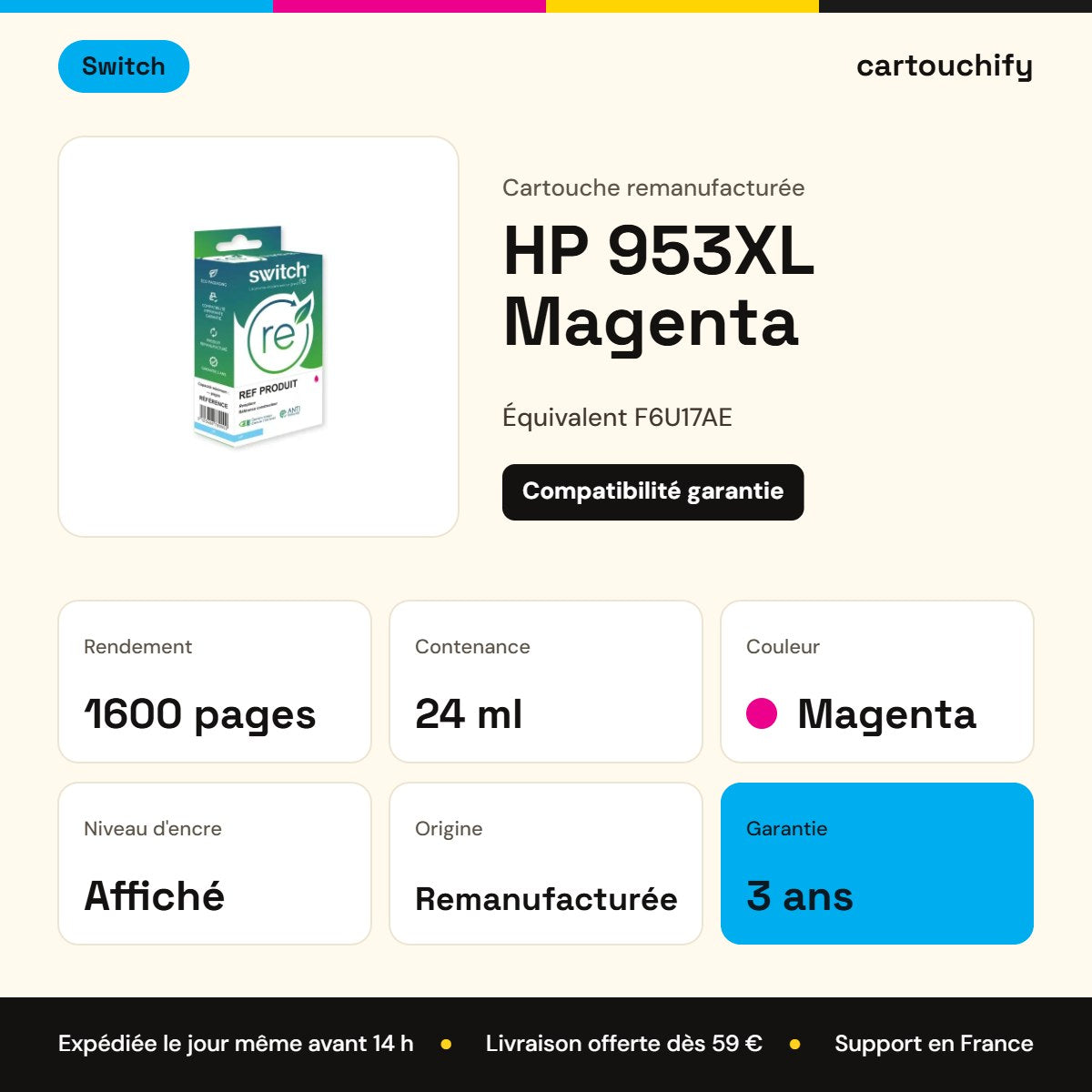 HP 953XL Cartouche Magenta remanufacturé équivalent à F6U17AE · Switch : caractéristiques