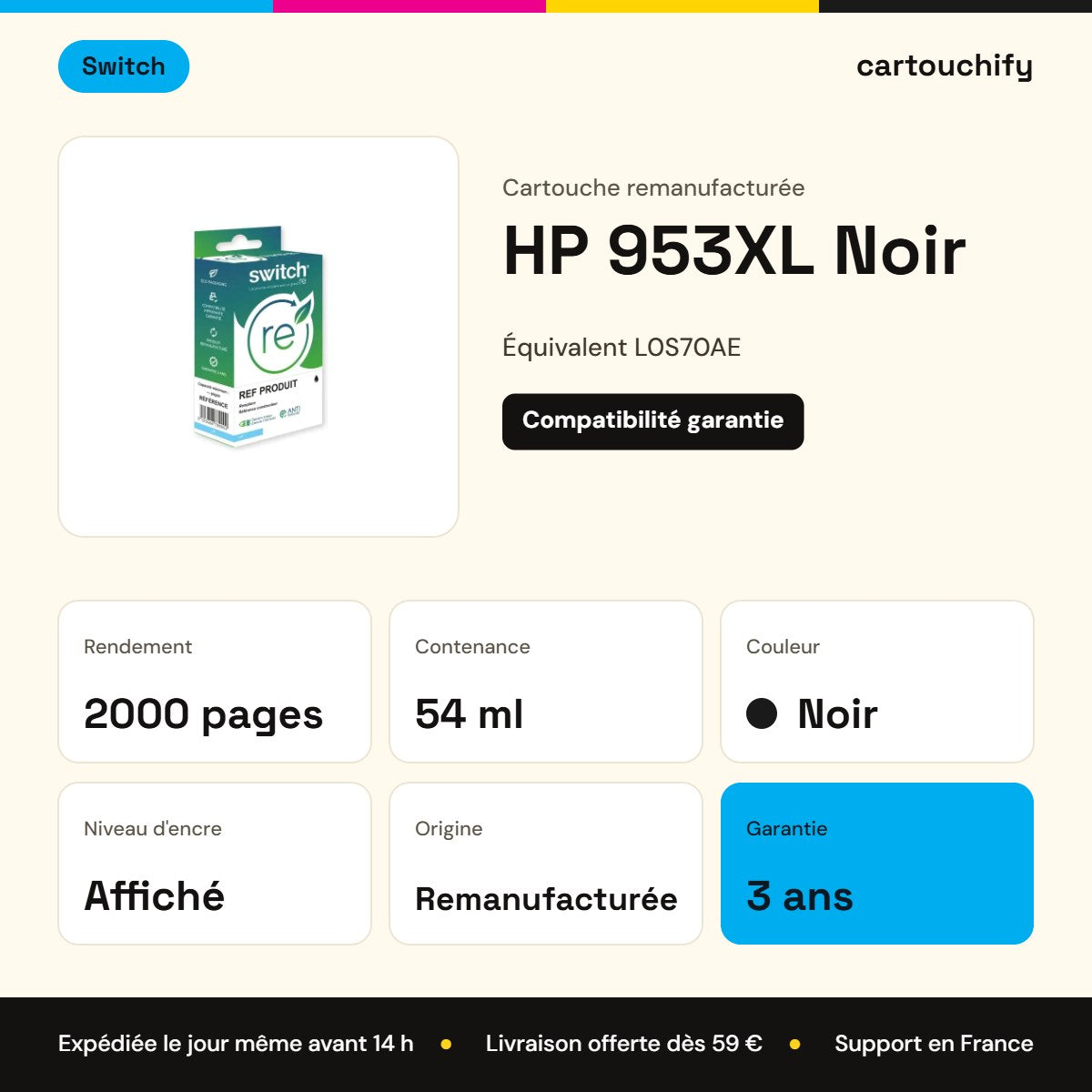 HP 953XL Cartouche Noir remanufacturé équivalent à L0S70AE · Switch : caractéristiques