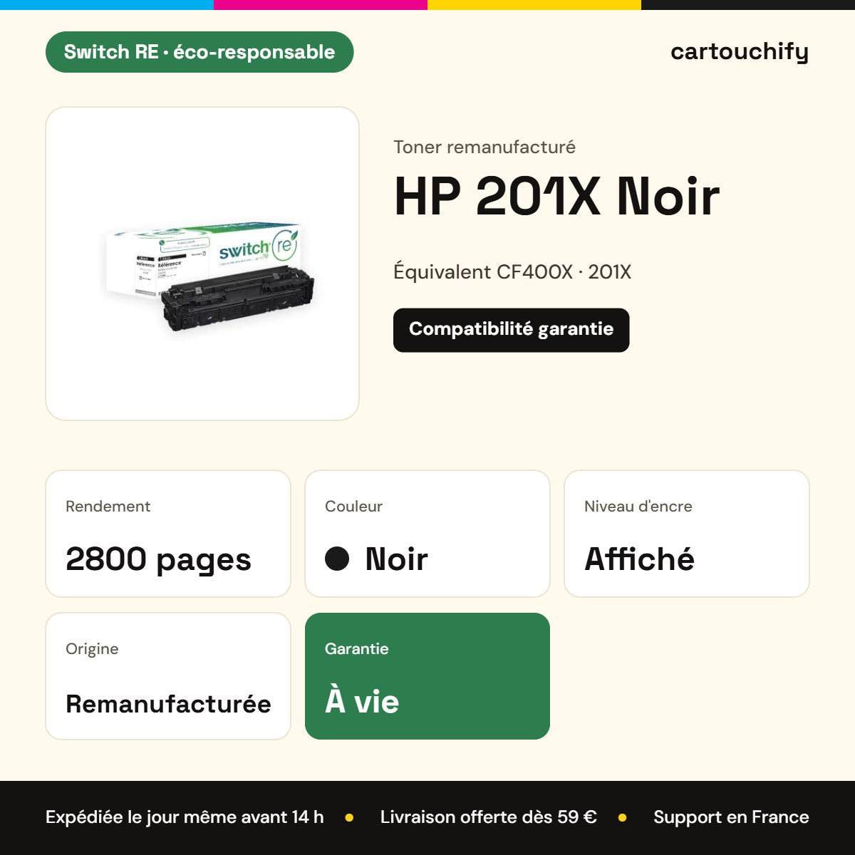 HP 201X Noir Switch RE : rendement 2800 pages, garantie à vie