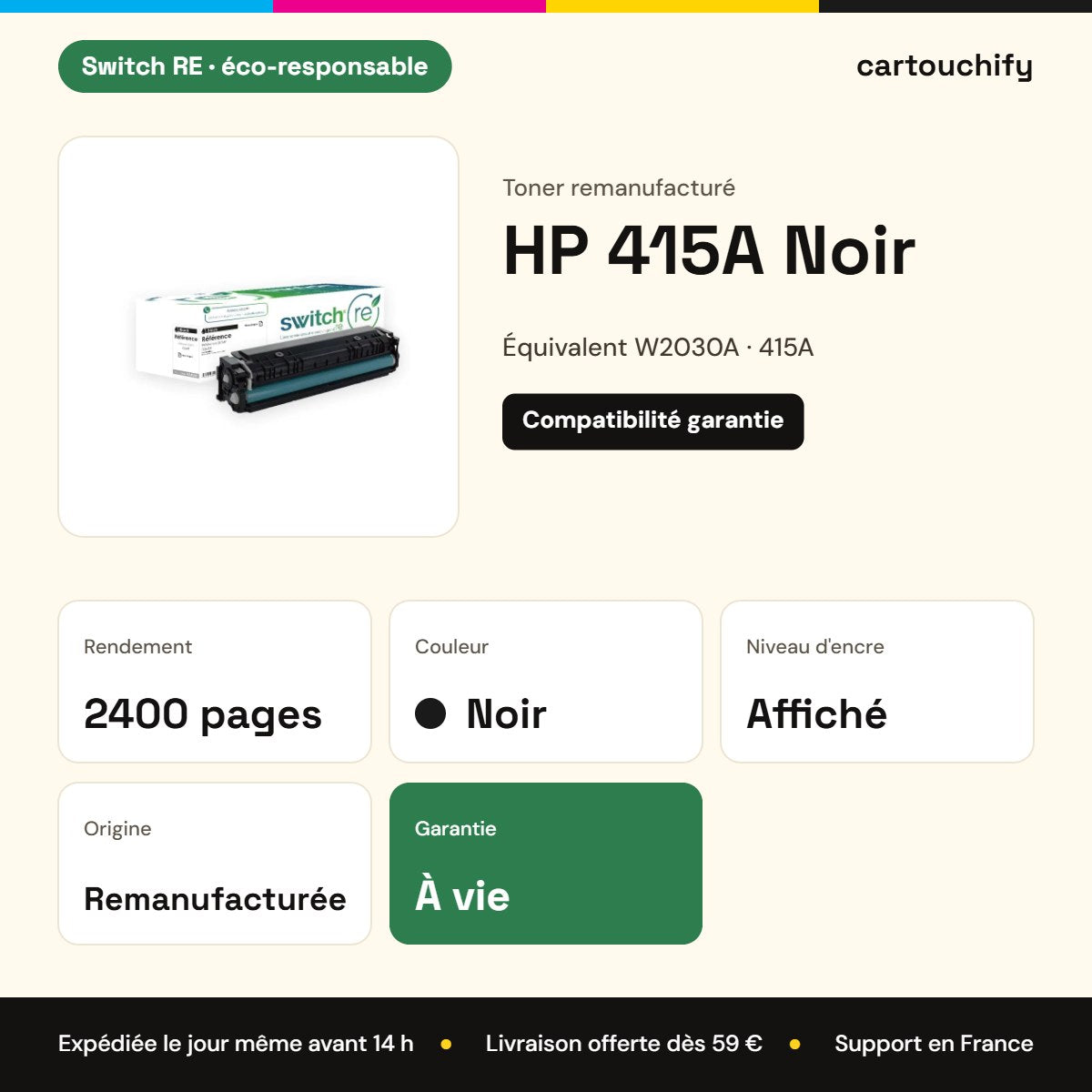 HP 415A Noir Switch RE : rendement 2400 pages, garantie à vie