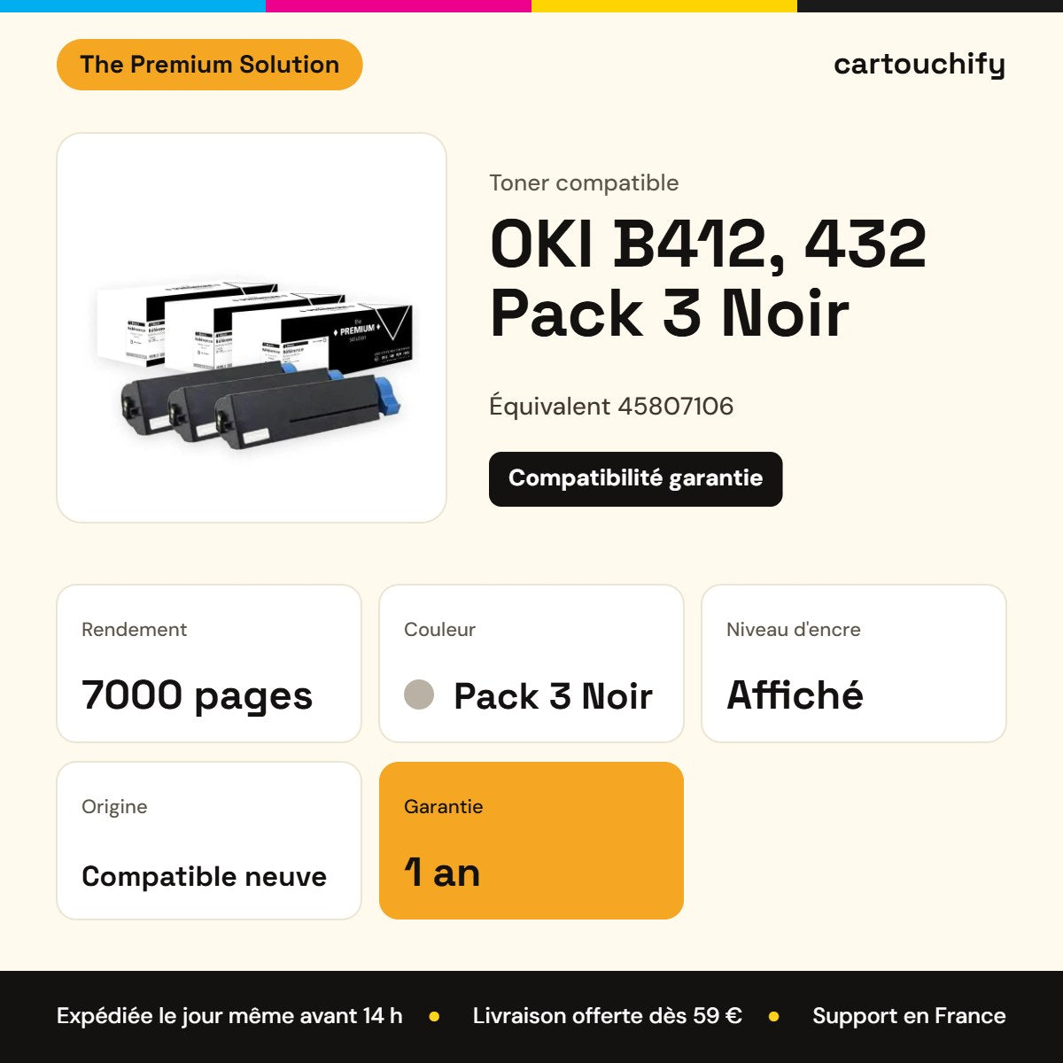 OKI B412, 432 Toner Pack 3 Noir compatible équivalent à 45807106 : caractéristiques