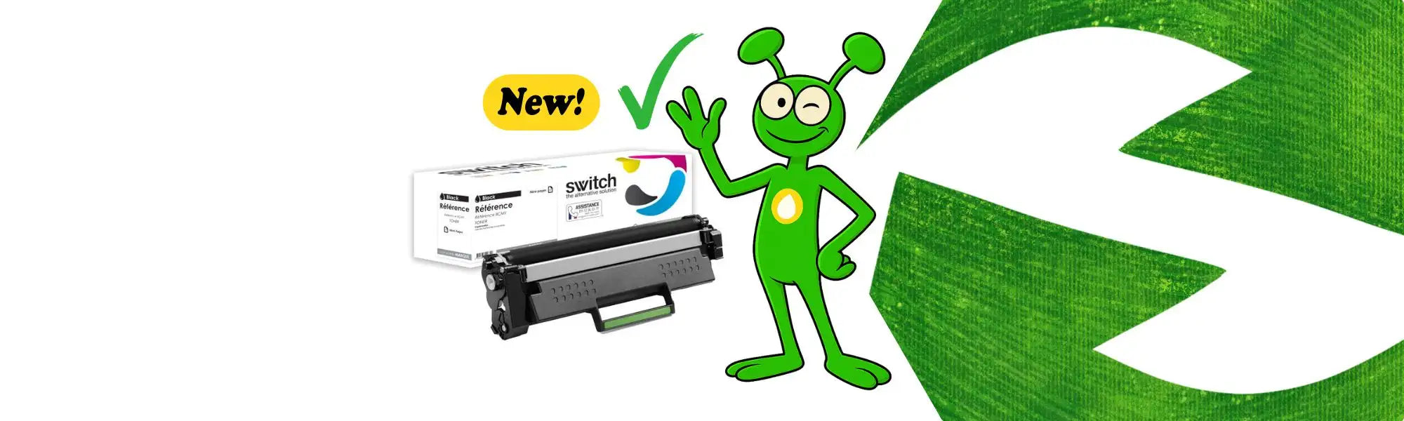 Cartouche de toner frère noir avec personnage alien vert et étiquette « nouveau ! ».