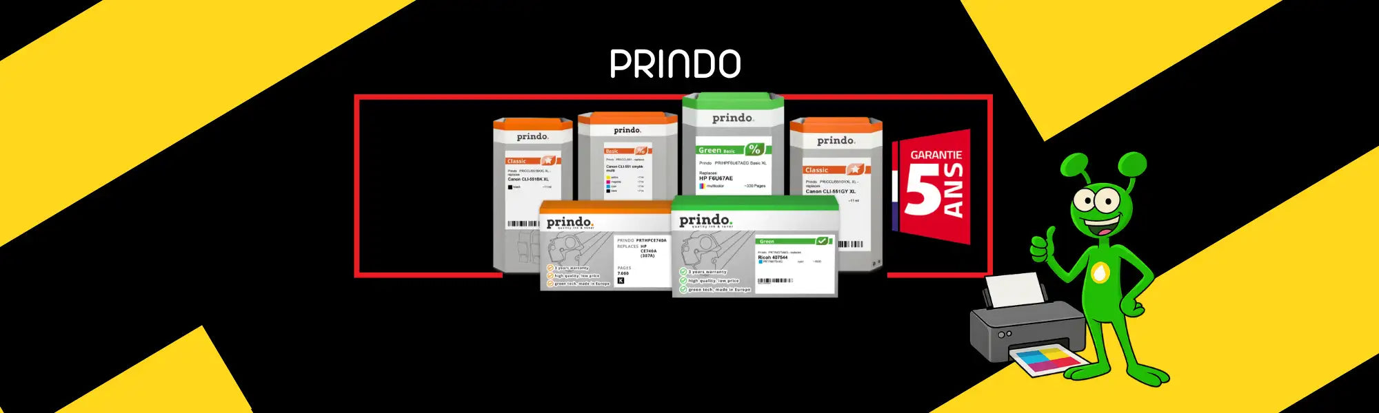 Cartouches d'encre pour imprimante de la marque Prindo dans des couleurs et tailles variées, présentées avec un mascotte de dessin animé.