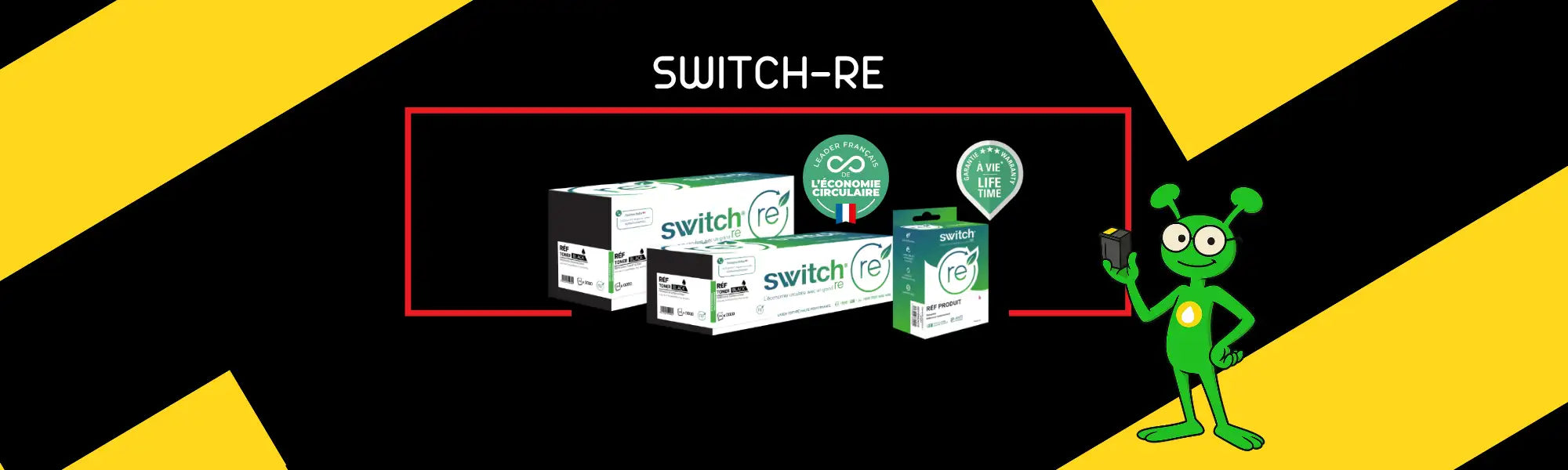 Cartouches de toner reconditionnées Switch-re dans un emballage blanc et vert avec des logos de certification écologique.