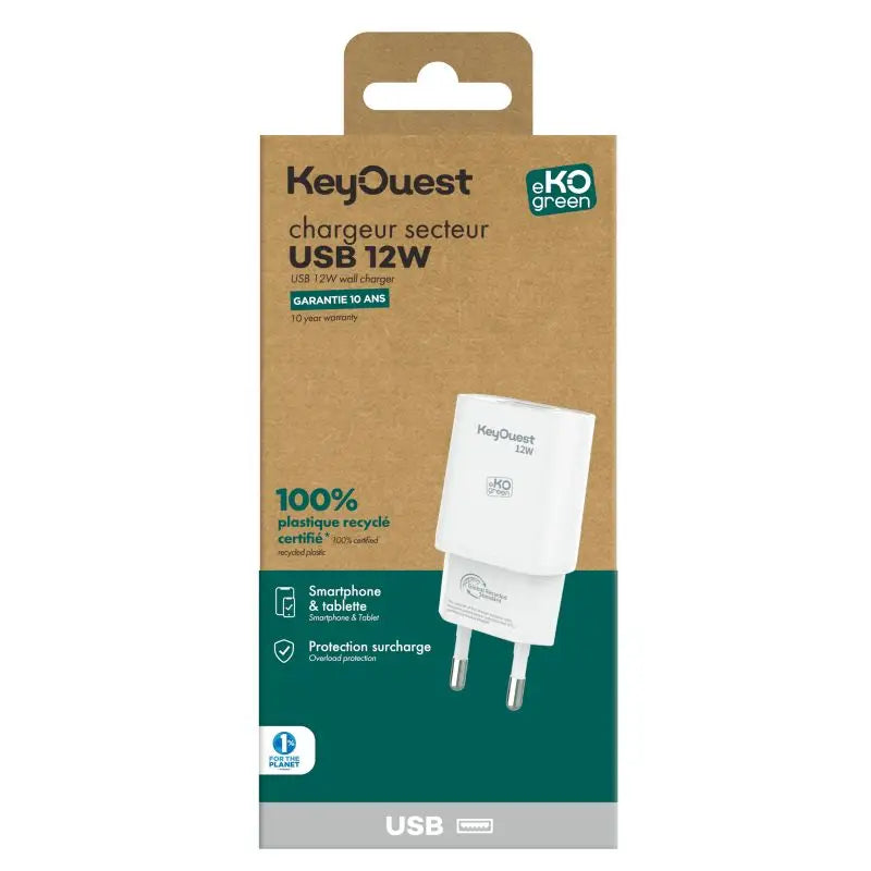 Chargeur Secteur eKOgreen recyclé 1 port USB 12W - Blanc