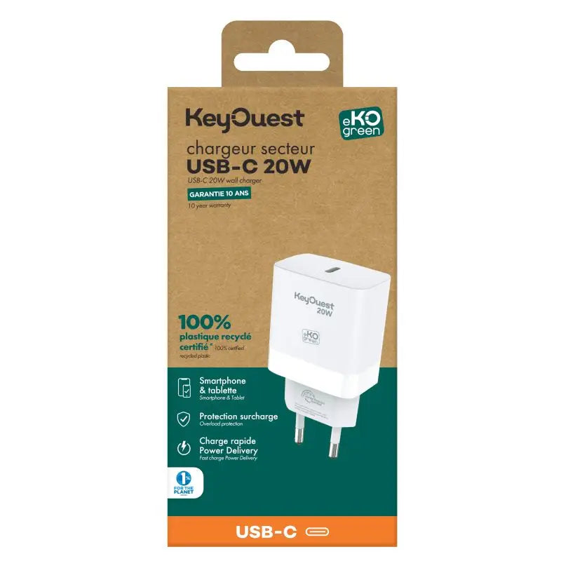 Chargeur Secteur eKOgreen recyclé 1 port USB-C 20W - Blanc