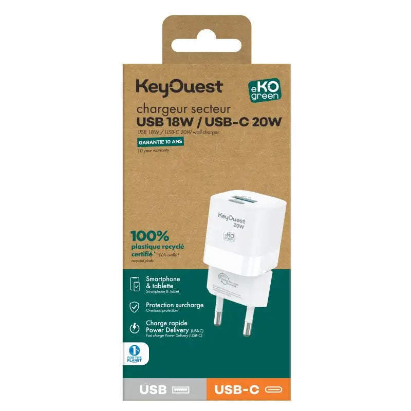 Chargeur Secteur eKOgreen recyclé 2 ports USB 18W / USB-C20W - Blanc