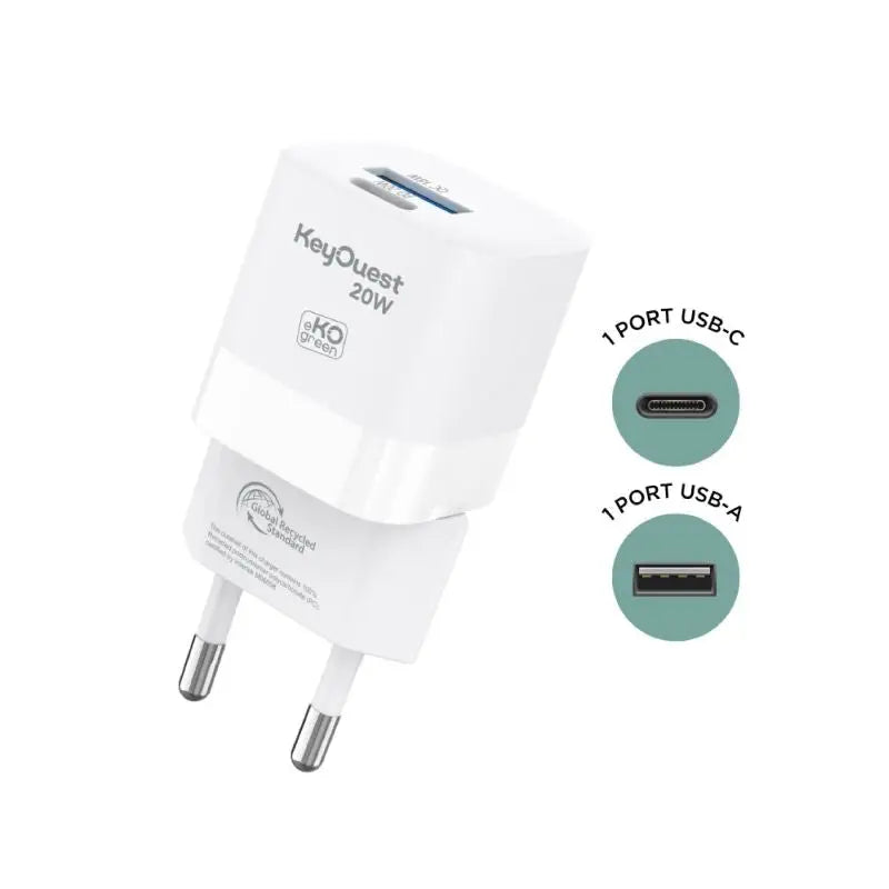 Chargeur Secteur eKOgreen recyclé 2 ports USB 18W / USB-C20W - Blanc