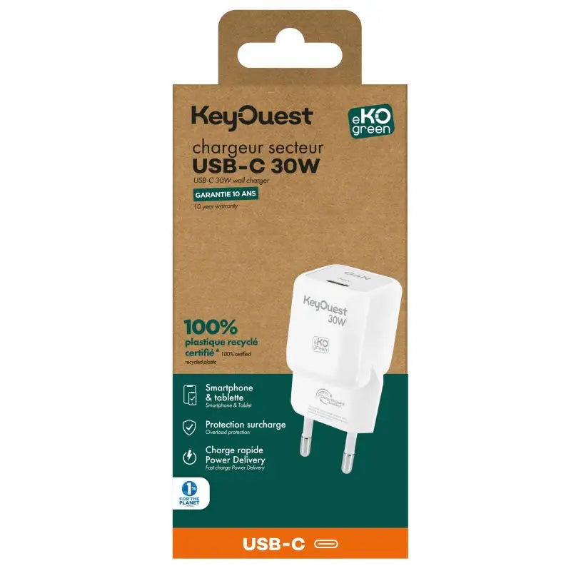 Chargeur Secteur eKOgreen recyclé GaN 1 port USB-C 30W - Blanc