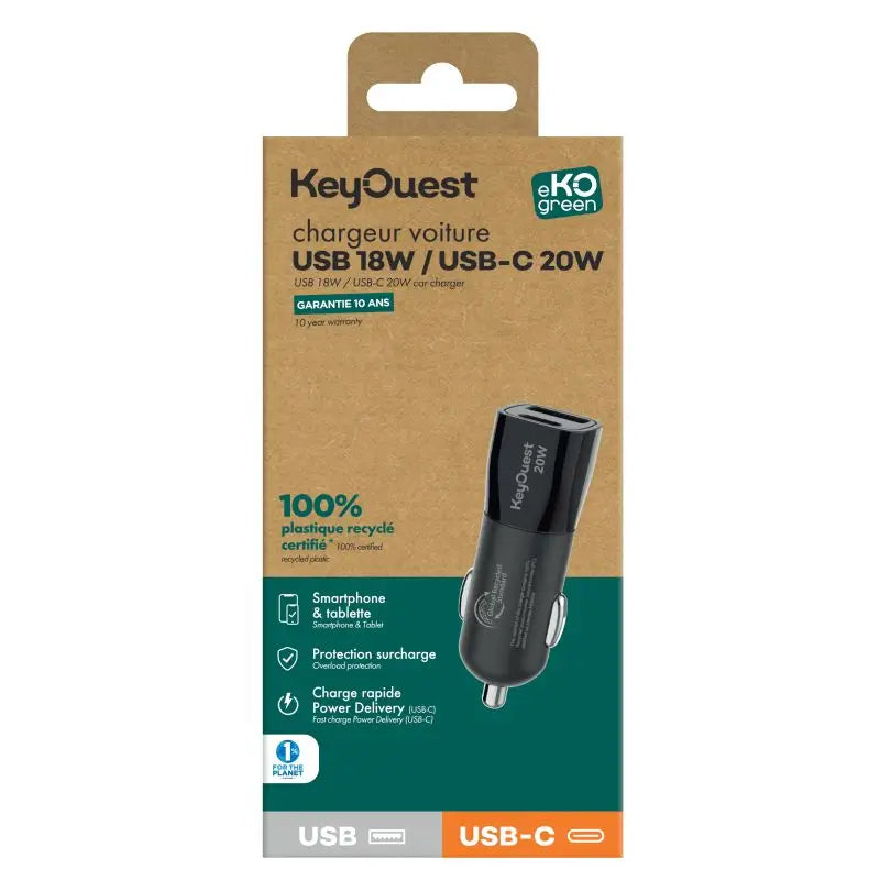 Chargeur voiture eKOgreen recyclé 2 ports USB 18W / USB-C 20W - Noir