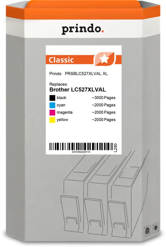Compatible avec Brother LC527XLVAL Prindo Classic XL Multipack Noir(e) / Cyan / Magenta / Jaune - Jet d’encre compatible