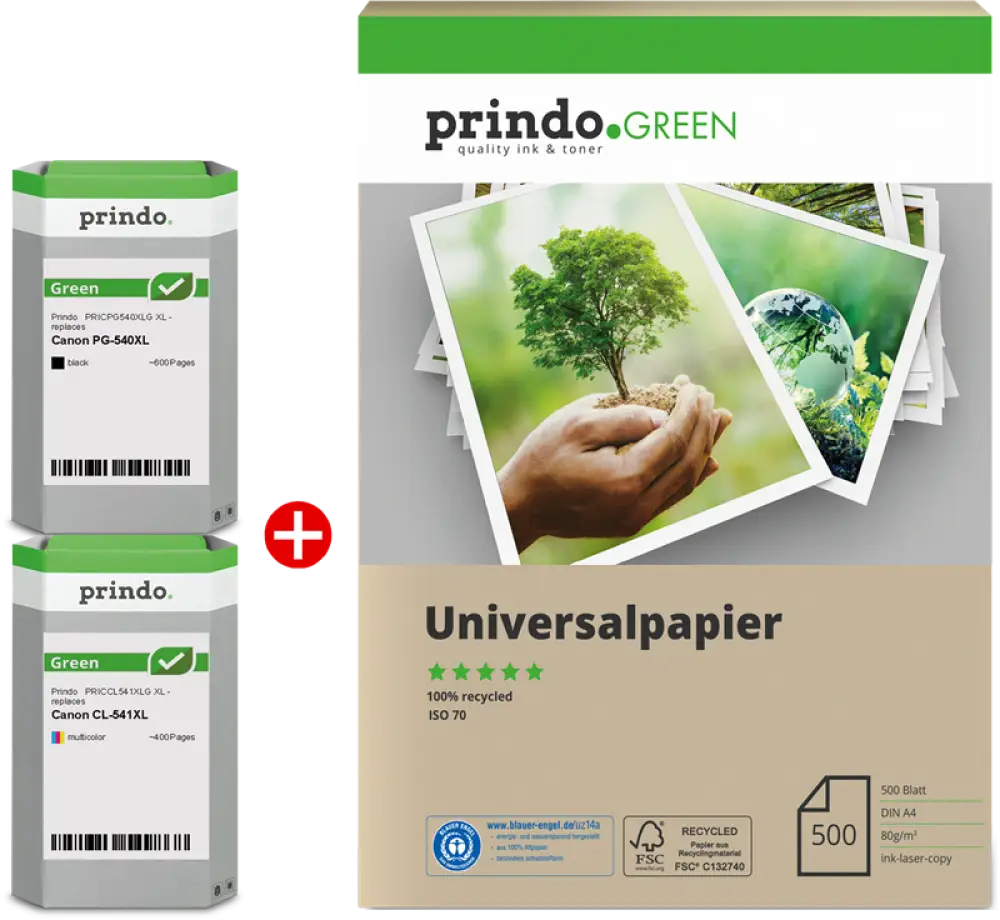 Compatible avec CANON 540XL 541XL Pack 4 Couleurs + papier 500 feuilles - Jet d’encre remanufacturé Prindo