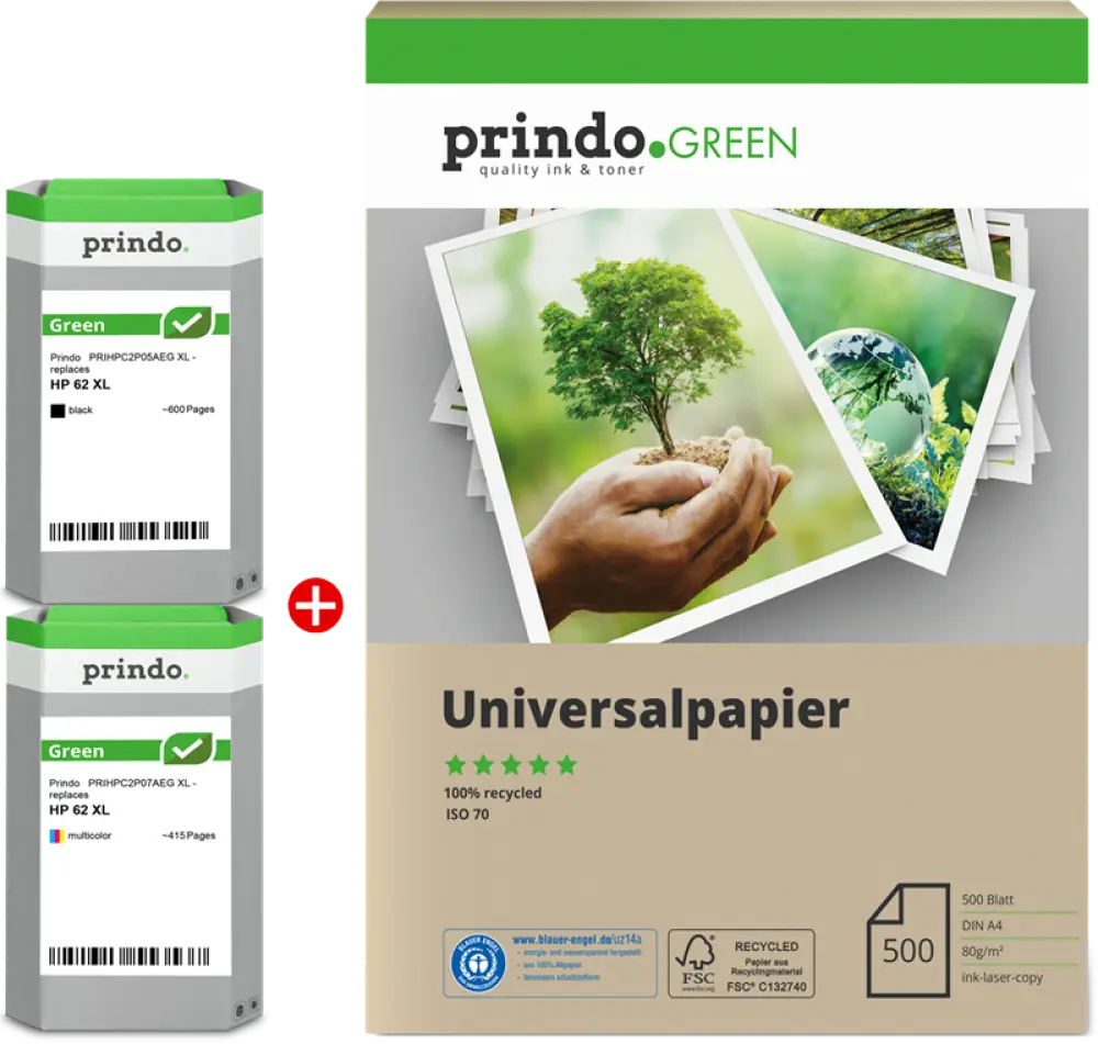 Compatible avec HP 62XL Pack 4 Couleurs + papier 500 feuilles - Jet d’encre remanufacturé Prindo