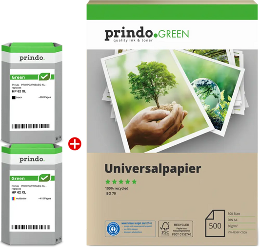 Compatible avec HP 62XL Pack 4 Couleurs + papier 500 feuilles - Jet d’encre remanufacturé Prindo