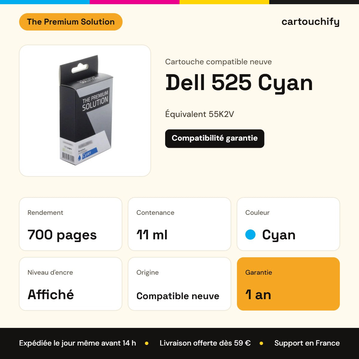 Dell 525 Cartouche Cyan compatible équivalent à 55K2V : caractéristiques