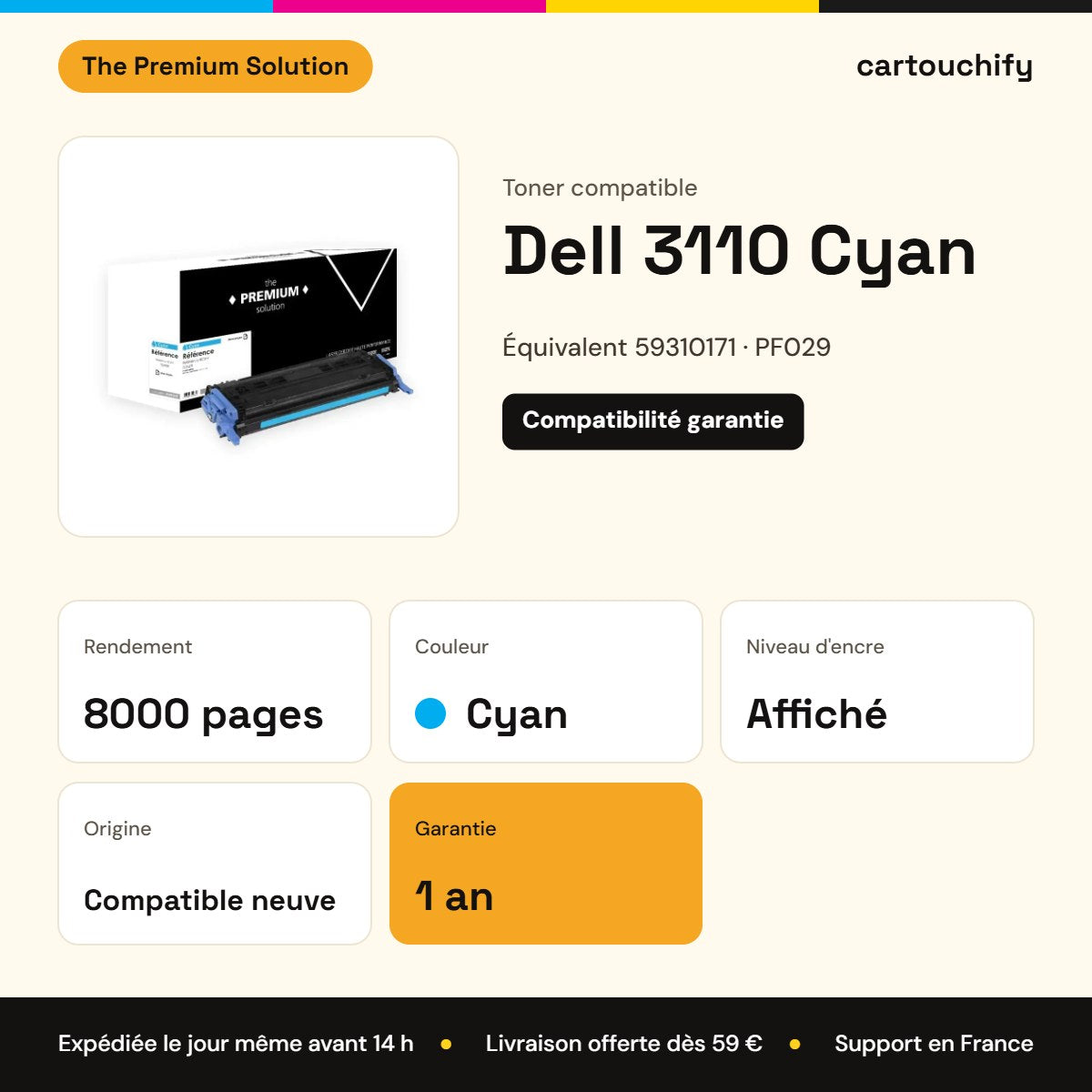Dell 3110 Toner Cyan compatible équivalent à 59310171, PF029 : caractéristiques