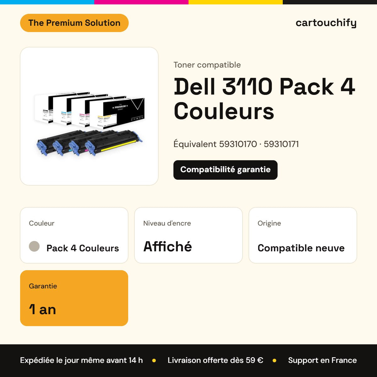 Dell 3110 Toner Pack 4 Couleurs compatible équivalent à 59310170, 59310171, 59310172 : caractéristiques