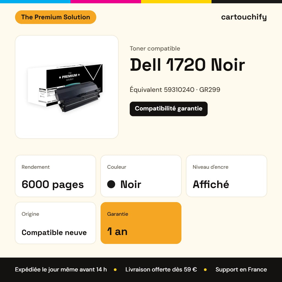 Dell 1720 Toner Noir compatible équivalent à 59310240, GR299, 59310237 : caractéristiques
