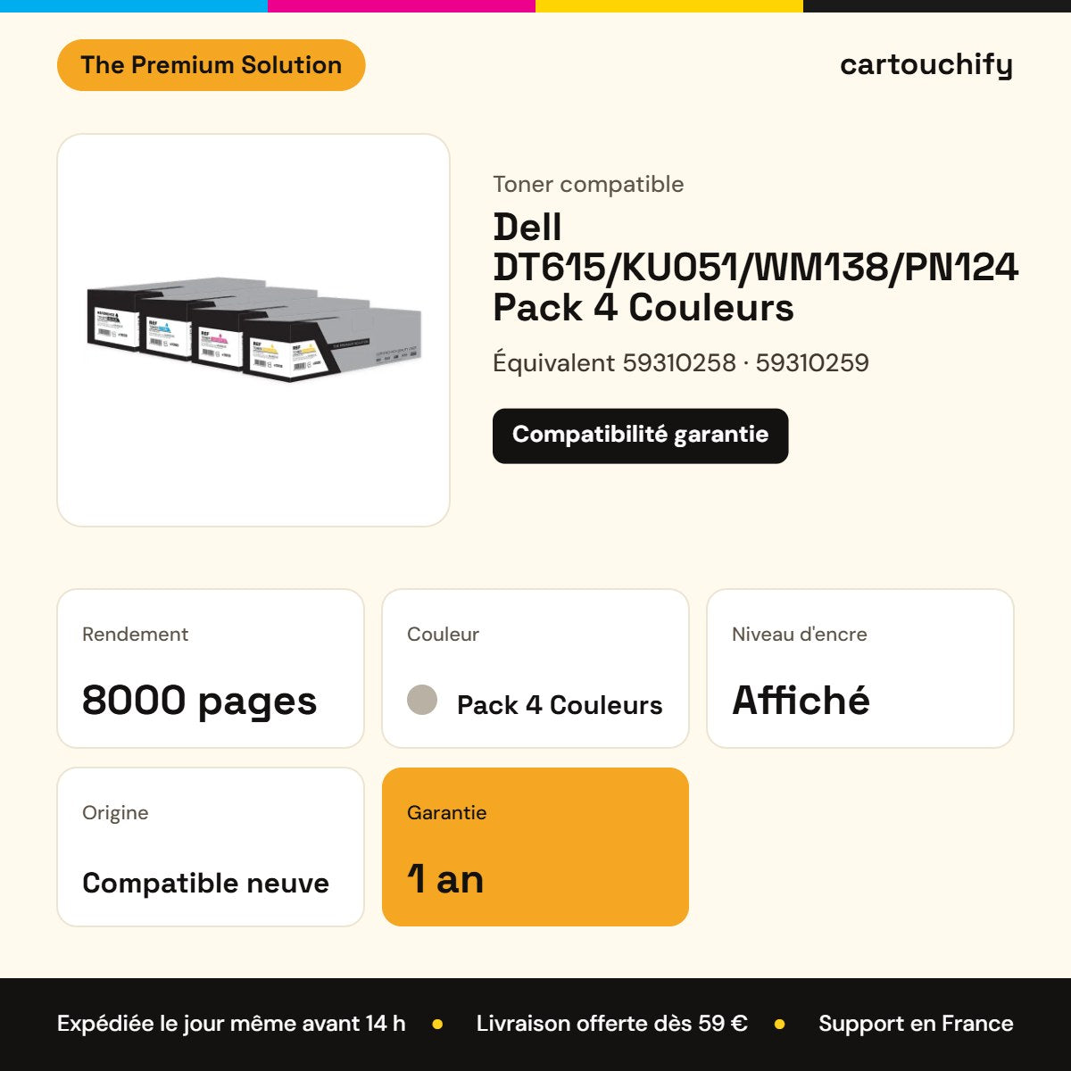 Dell DT615/KU051/WM138/PN124 Toner Pack 4 Couleurs compatible équivalent à 59310258, 59310259, 59310260 : caractéristiques
