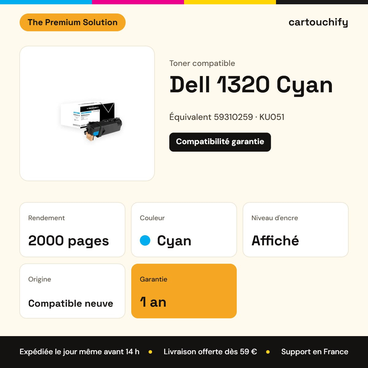 Dell 1320 Toner Cyan compatible équivalent à 59310259, KU051 : caractéristiques