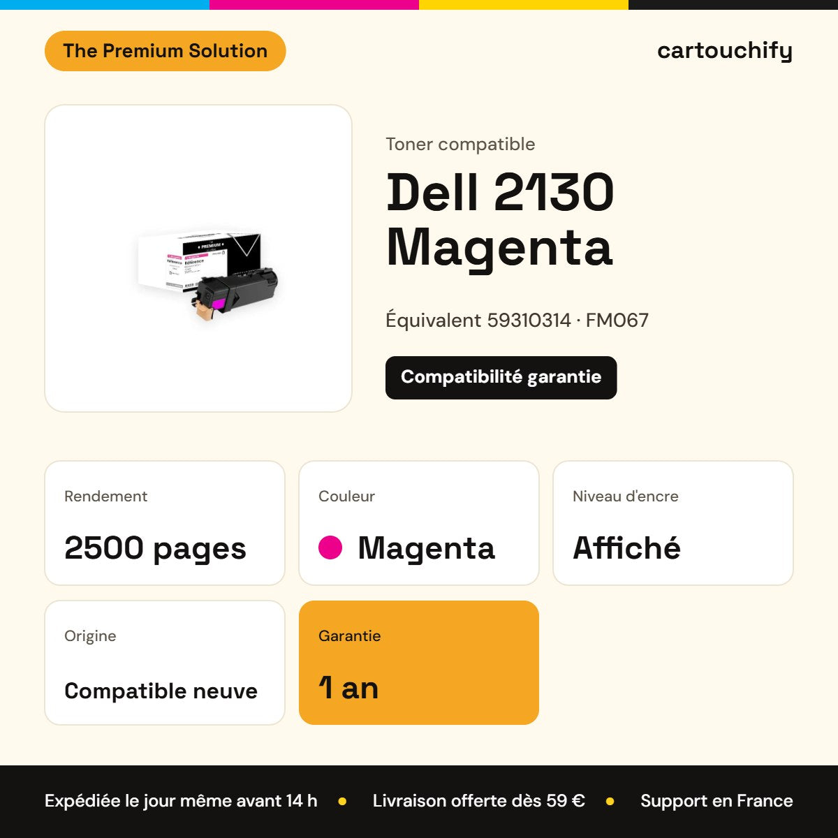 Dell 2130 Toner Magenta compatible équivalent à 59310315, FM067 : caractéristiques