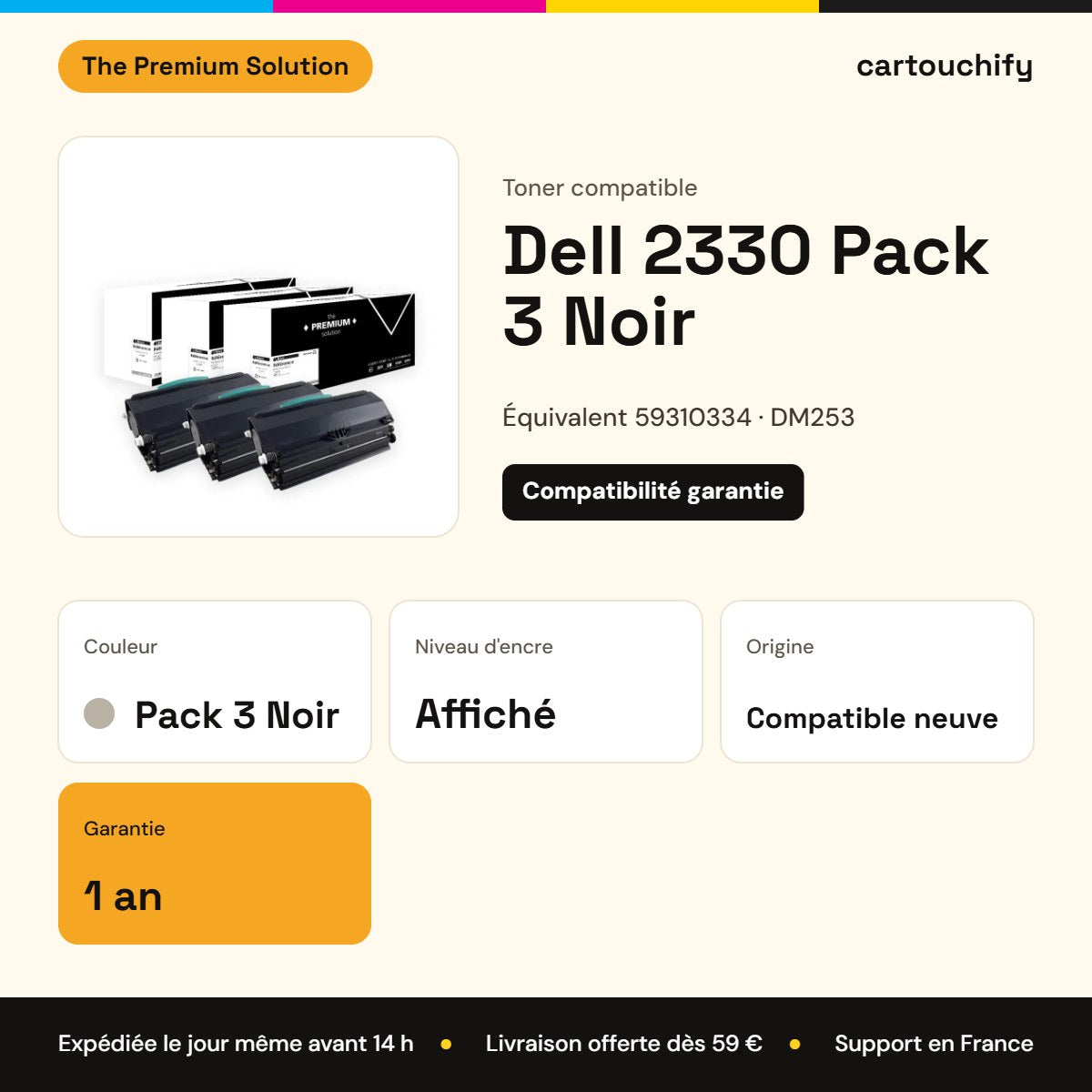 Dell 2330 Toner Pack 3 Noir compatible équivalent à 59310334, DM253 : caractéristiques