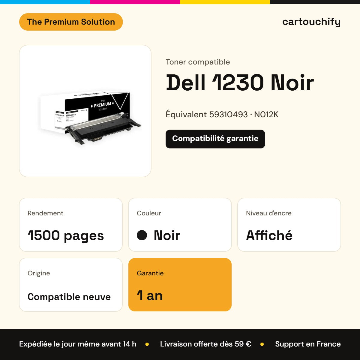 Dell 1230 Toner Noir compatible équivalent à 59310493, N012K : caractéristiques
