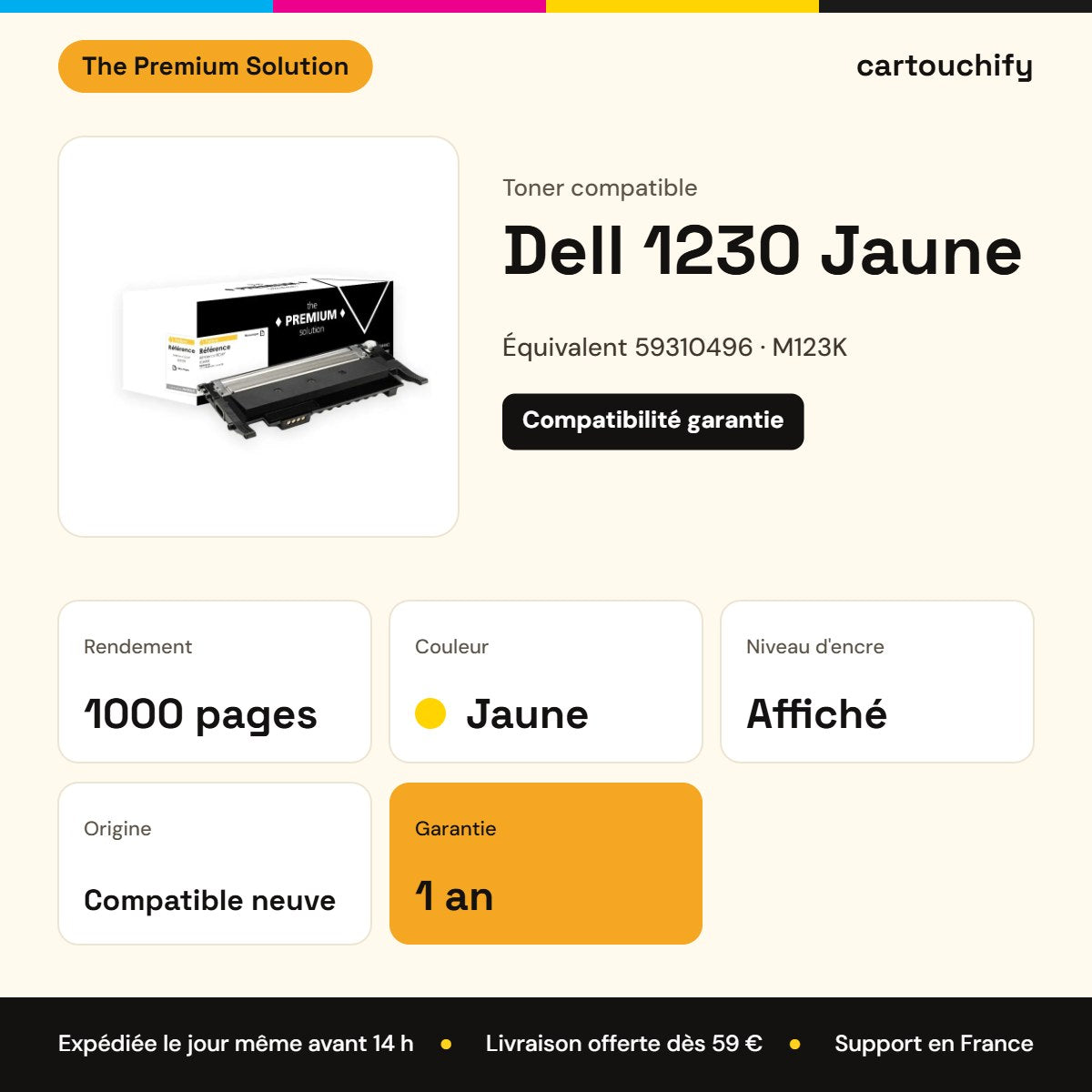 Dell 1230 Toner Jaune compatible équivalent à 59310496, M123K : caractéristiques