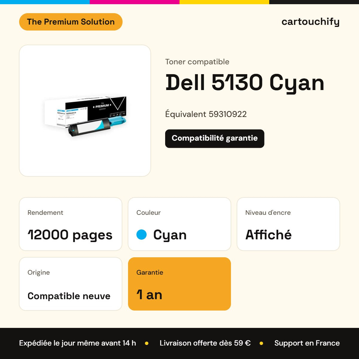 Dell 5130 Toner Cyan compatible équivalent à 59310922 : caractéristiques