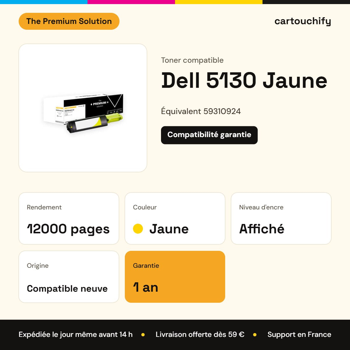 Dell 5130 Toner Jaune compatible équivalent à 59310924 : caractéristiques