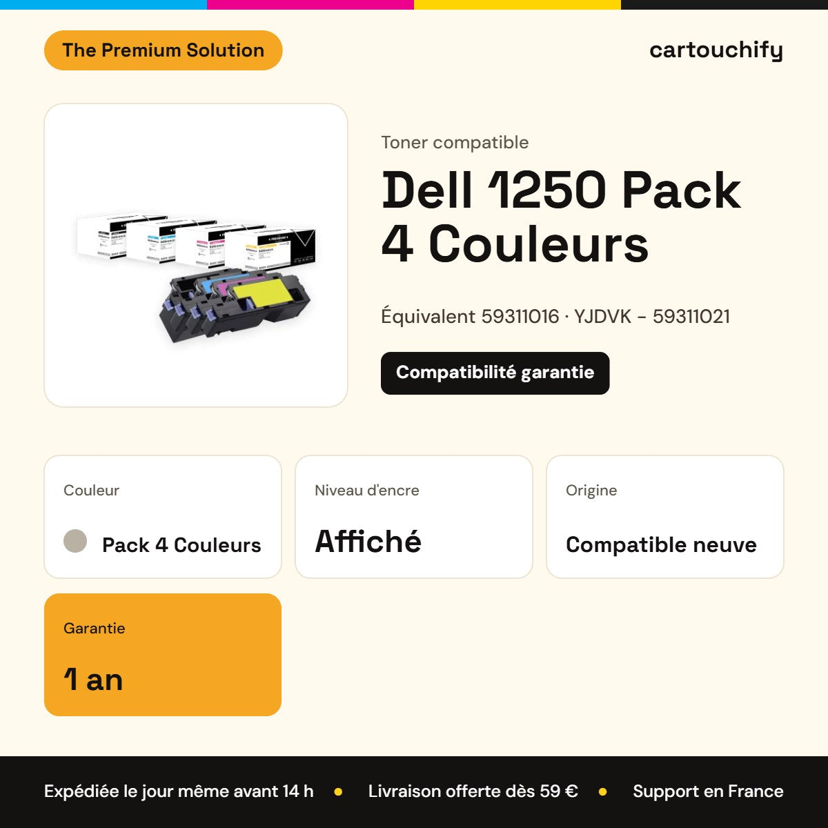 Dell 1250 Toner Pack 4 Couleurs compatible équivalent à 59311016, 59311021, 59311018 : caractéristiques