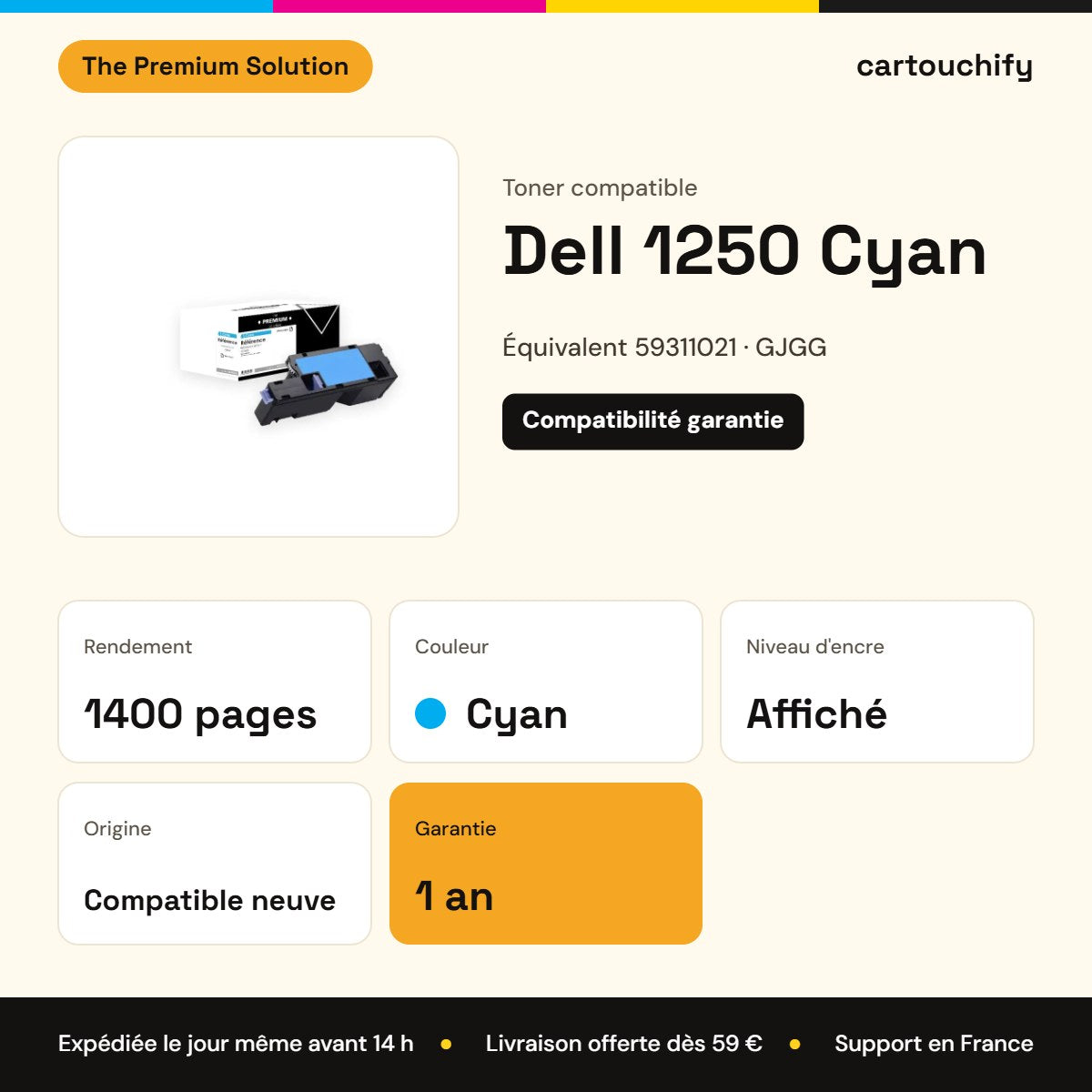 Dell 1250 Toner Cyan compatible équivalent à 59311021 : caractéristiques