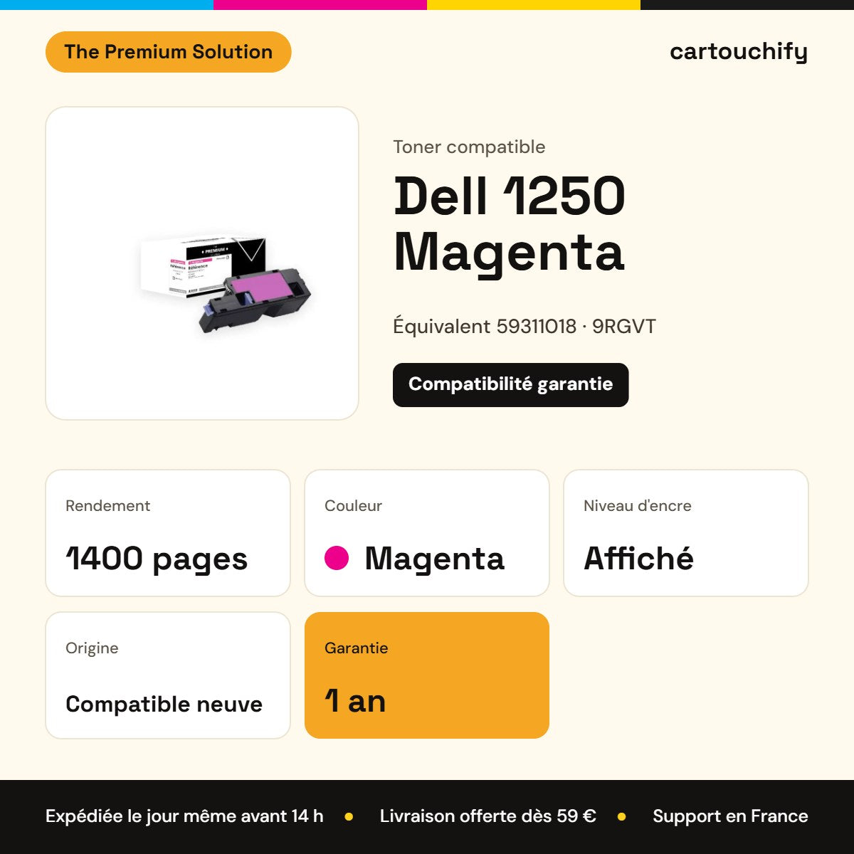 Dell 1250 Toner Magenta compatible équivalent à 59311018, 9RGVT : caractéristiques