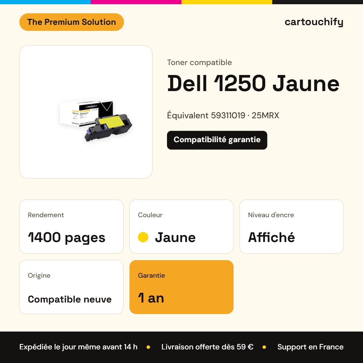Dell 1250 Toner Jaune compatible équivalent à 59311019, 25MRX : caractéristiques