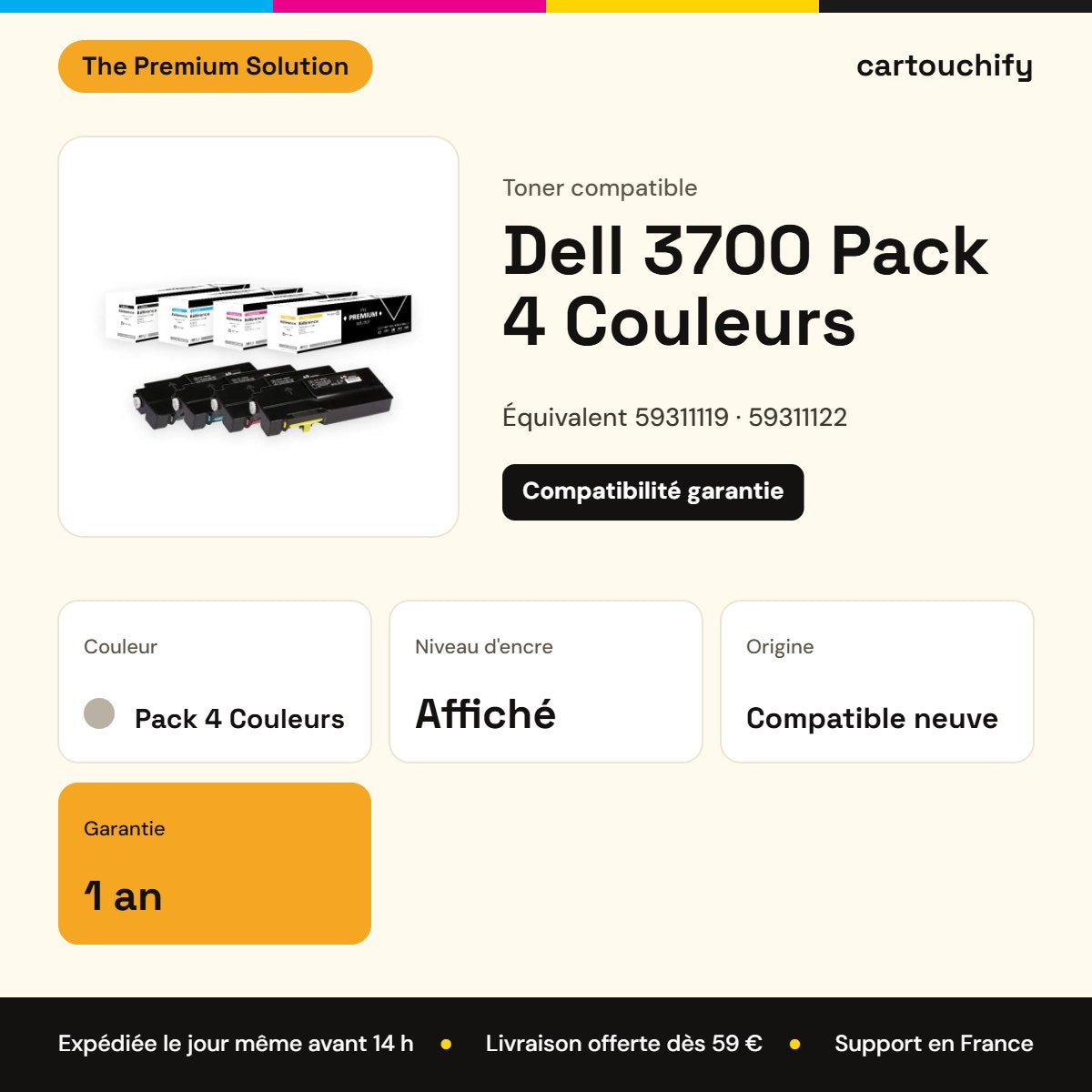 Dell 3700 Toner Pack 4 Couleurs compatible équivalent à 59311119, 59311122, 59311121 : caractéristiques