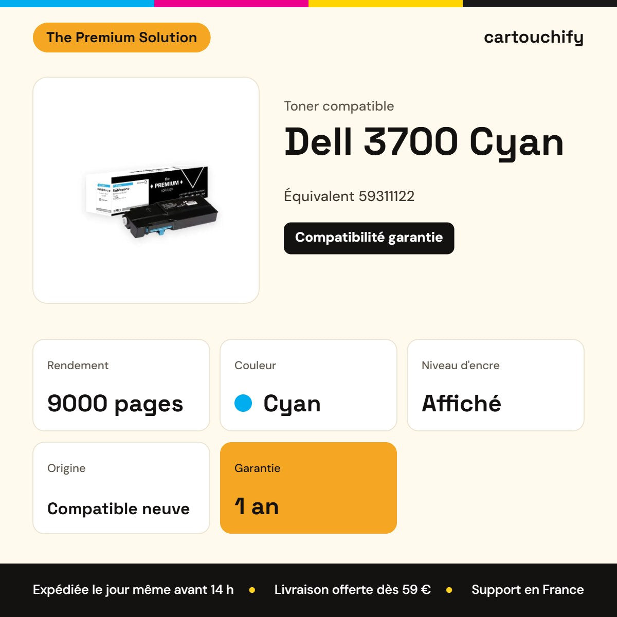 Dell 3700 Toner Cyan compatible équivalent à 59311122 : caractéristiques