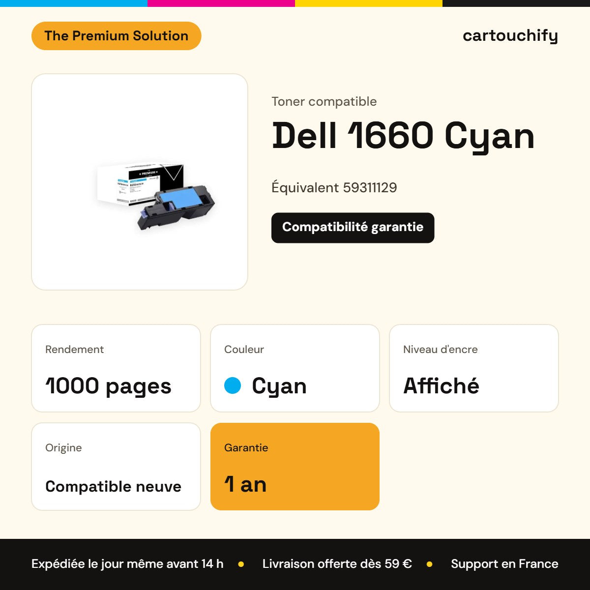 Dell 1660 Toner Cyan compatible équivalent à 59311129 : caractéristiques