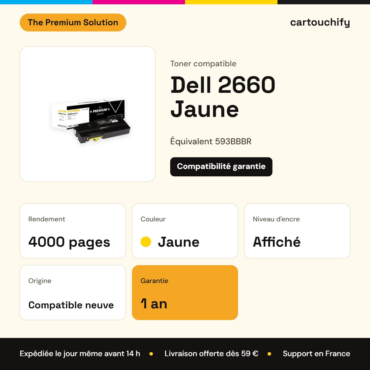 Dell 2660 Toner Jaune compatible équivalent à 593BBBR : caractéristiques