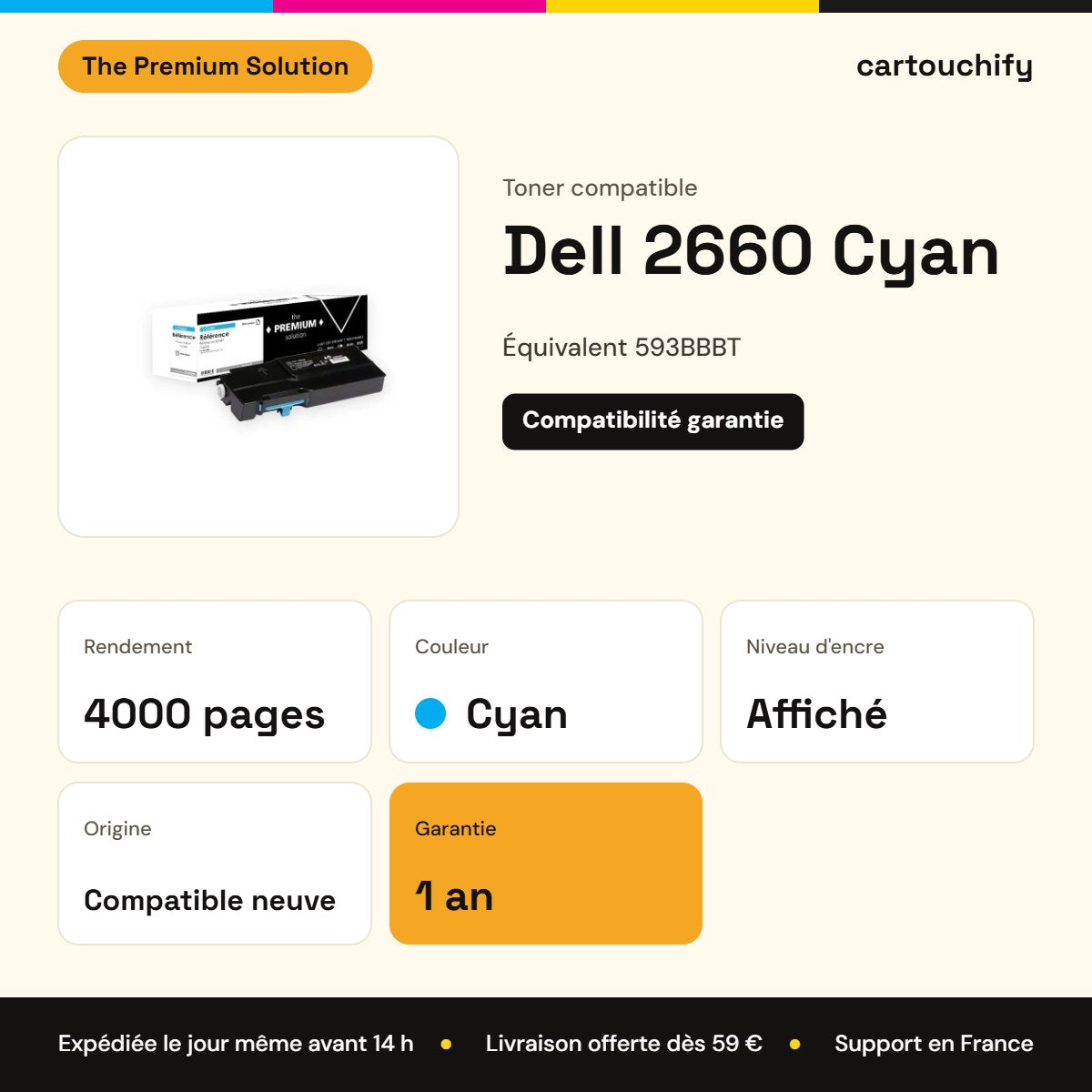 Dell 2660 Toner Cyan compatible équivalent à 593BBBT : caractéristiques
