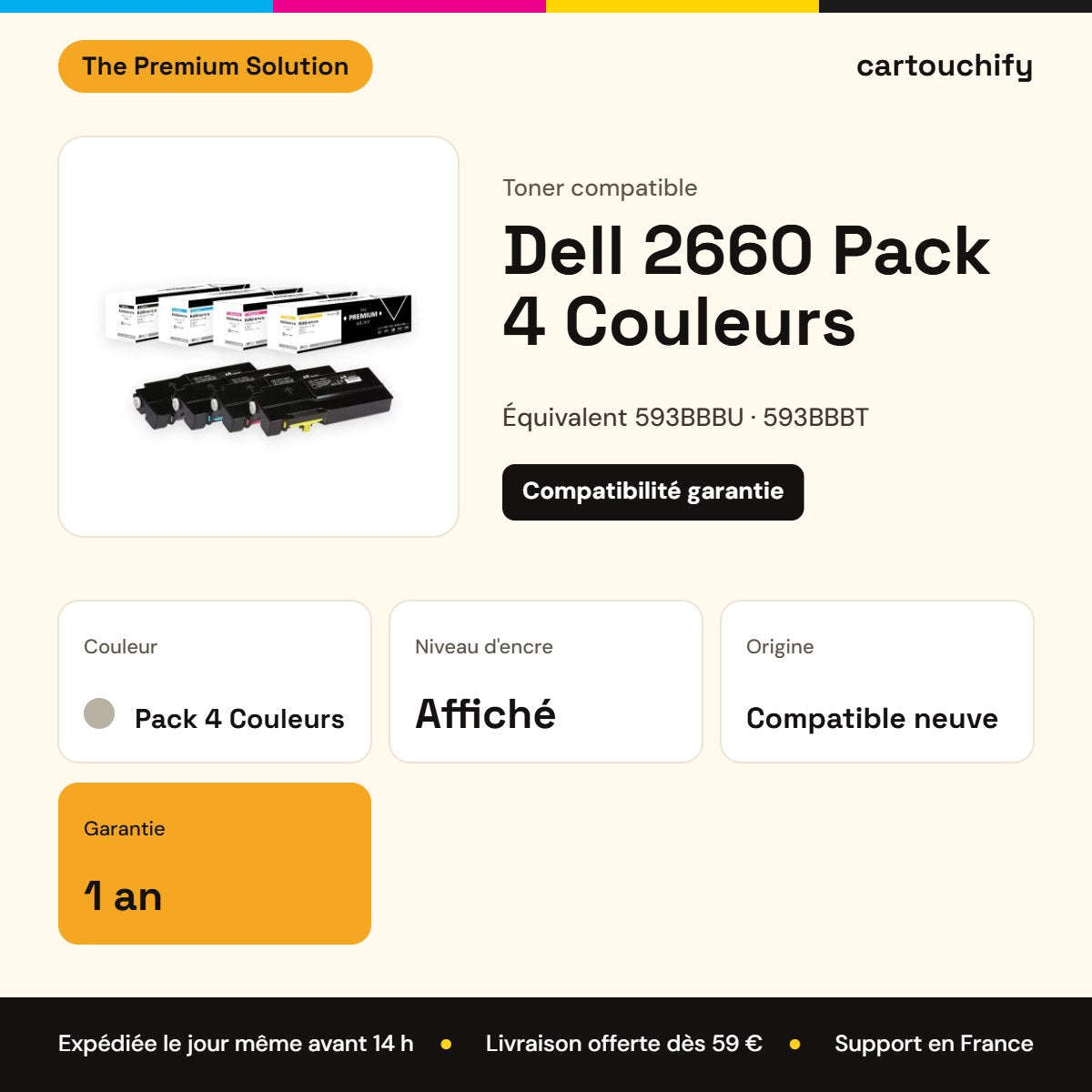Dell 2660 Toner Pack 4 Couleurs compatible équivalent à 593BBBU, 593BBBT, 593BBBS : caractéristiques