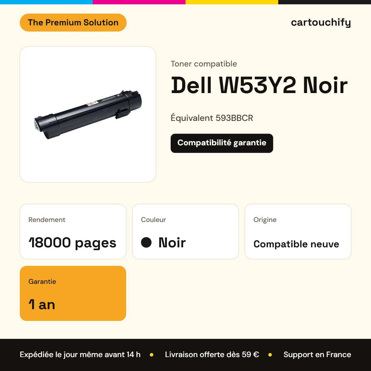 Dell W53Y2 Toner Noir compatible équivalent à 593BBCR · Premier Prix : caractéristiques
