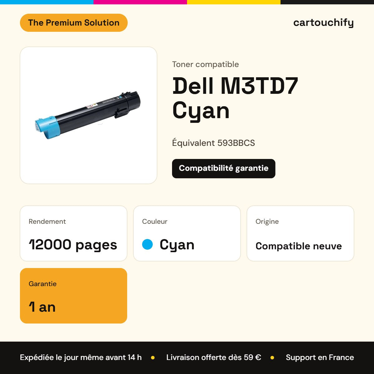 Dell M3TD7 Toner Cyan compatible équivalent à 593BBCS · Premier Prix : caractéristiques
