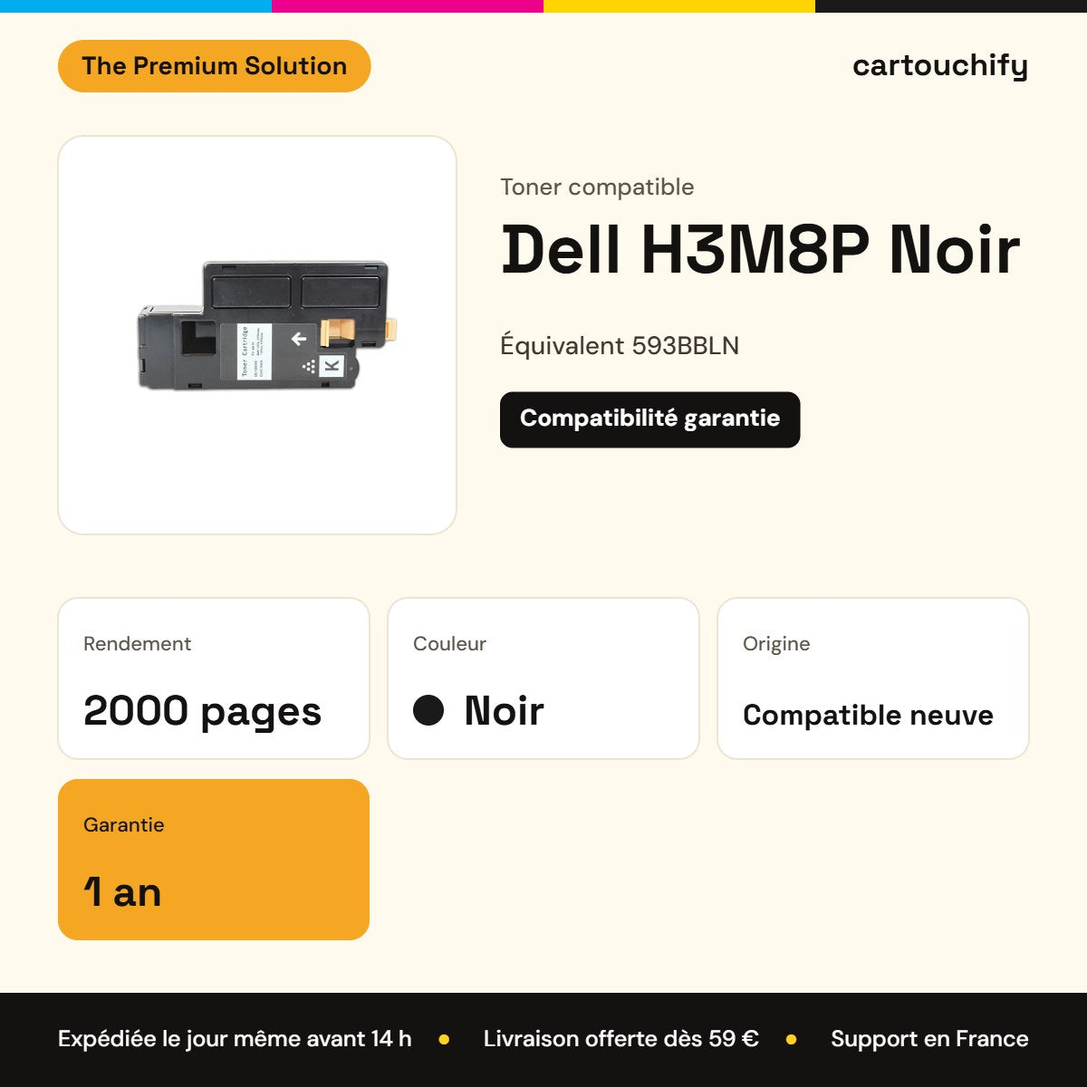 Dell H3M8P Toner Noir compatible équivalent à 593BBLN · Premier Prix : caractéristiques