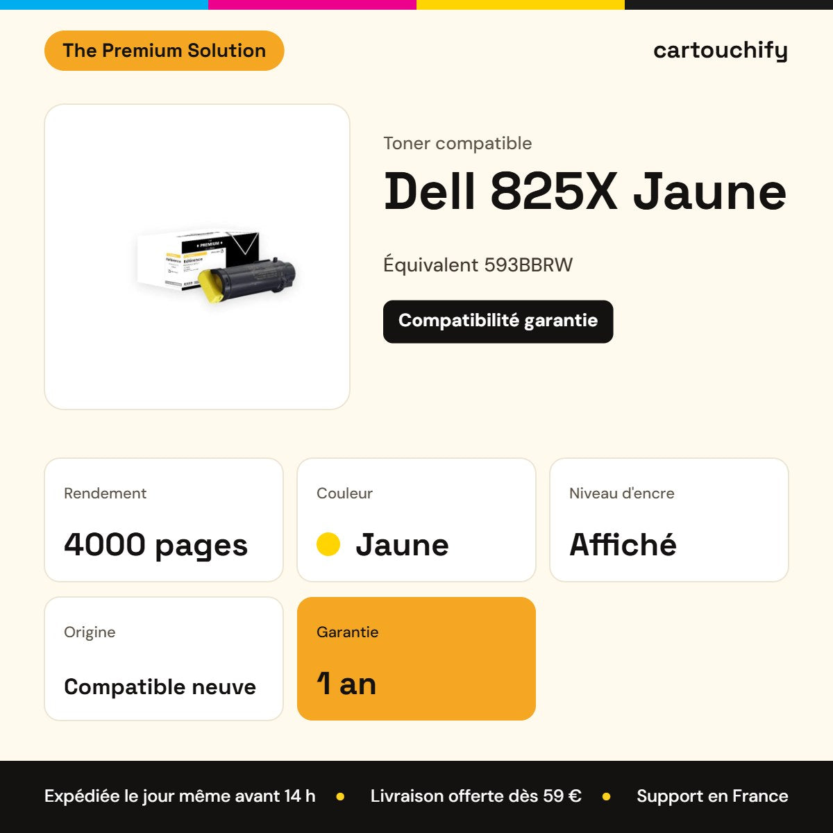 Dell 825X Toner Jaune compatible équivalent à 593BBRW : caractéristiques